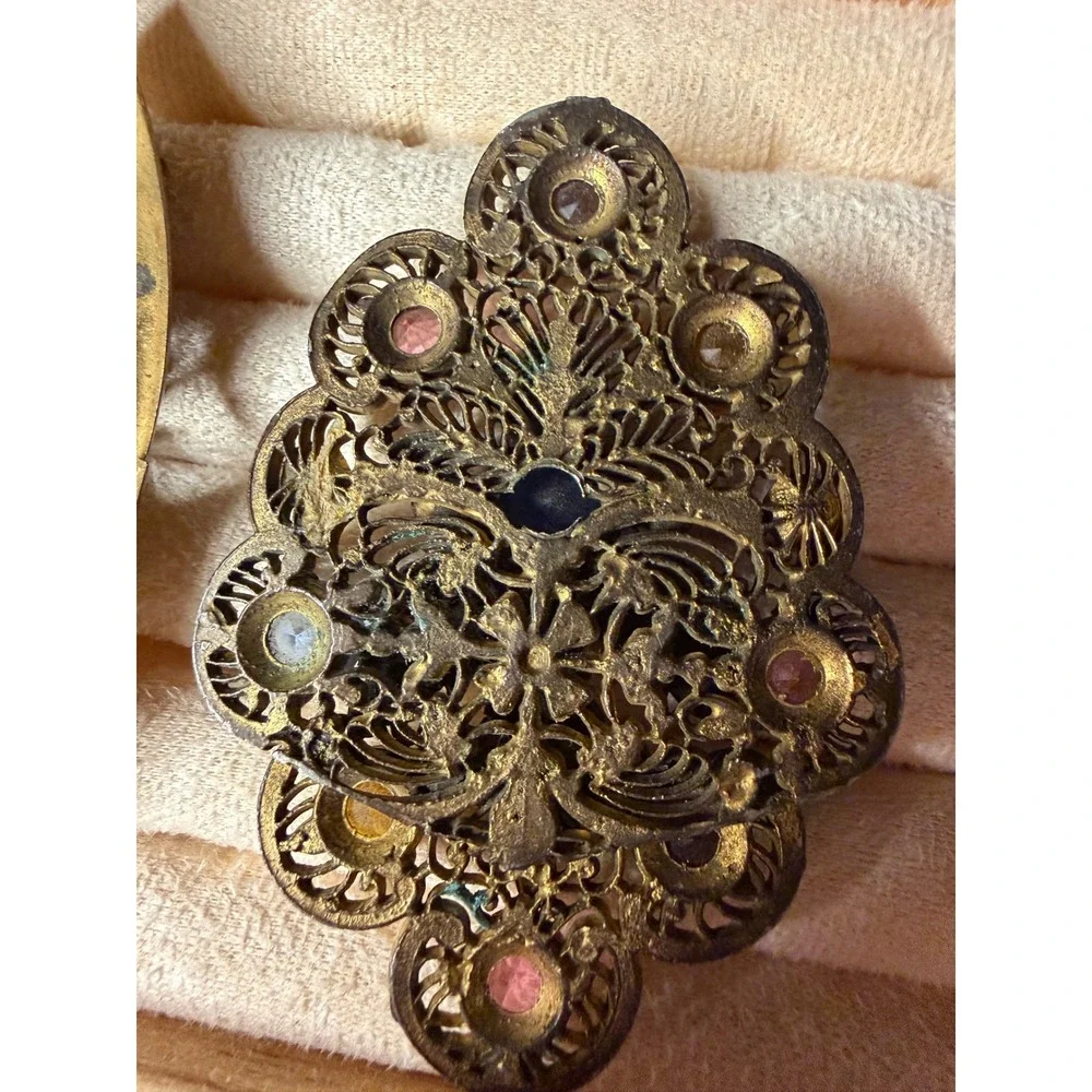 Vintage Art Deco Dress Clip Brooch Set Blue Rhinestone Filigree LN Signed 4pc